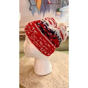 Vintage Handmade Red White Blue Unisex Beanie Hat Ski Snowboard Knit